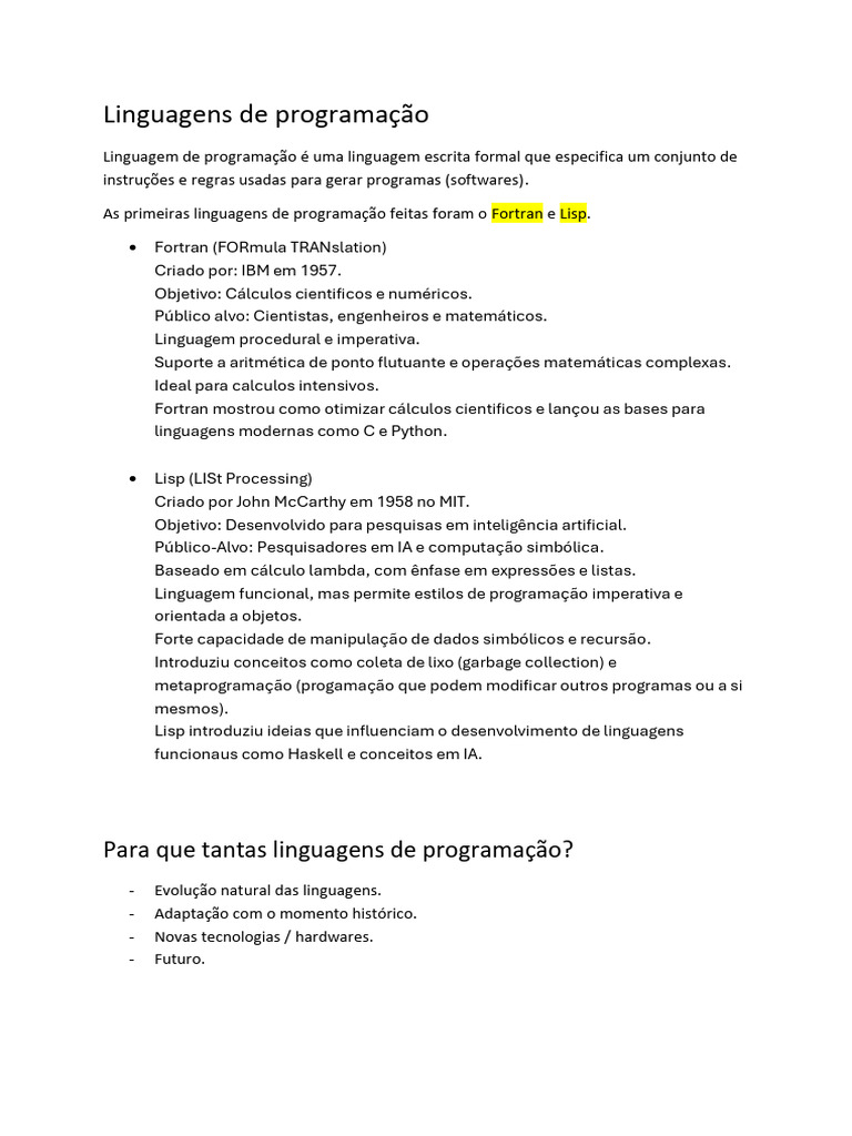 Evolução das Linguagens de Programação | PDF | Linguagem de programação ...