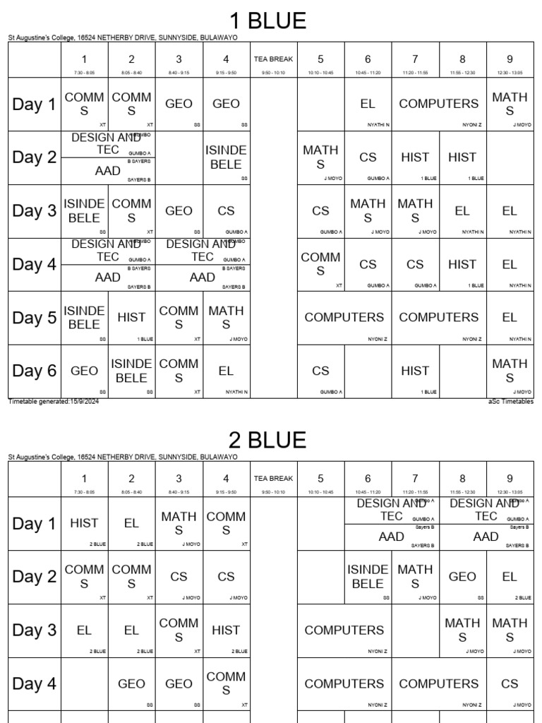 St Augustine's College Timetable 2024 | PDF