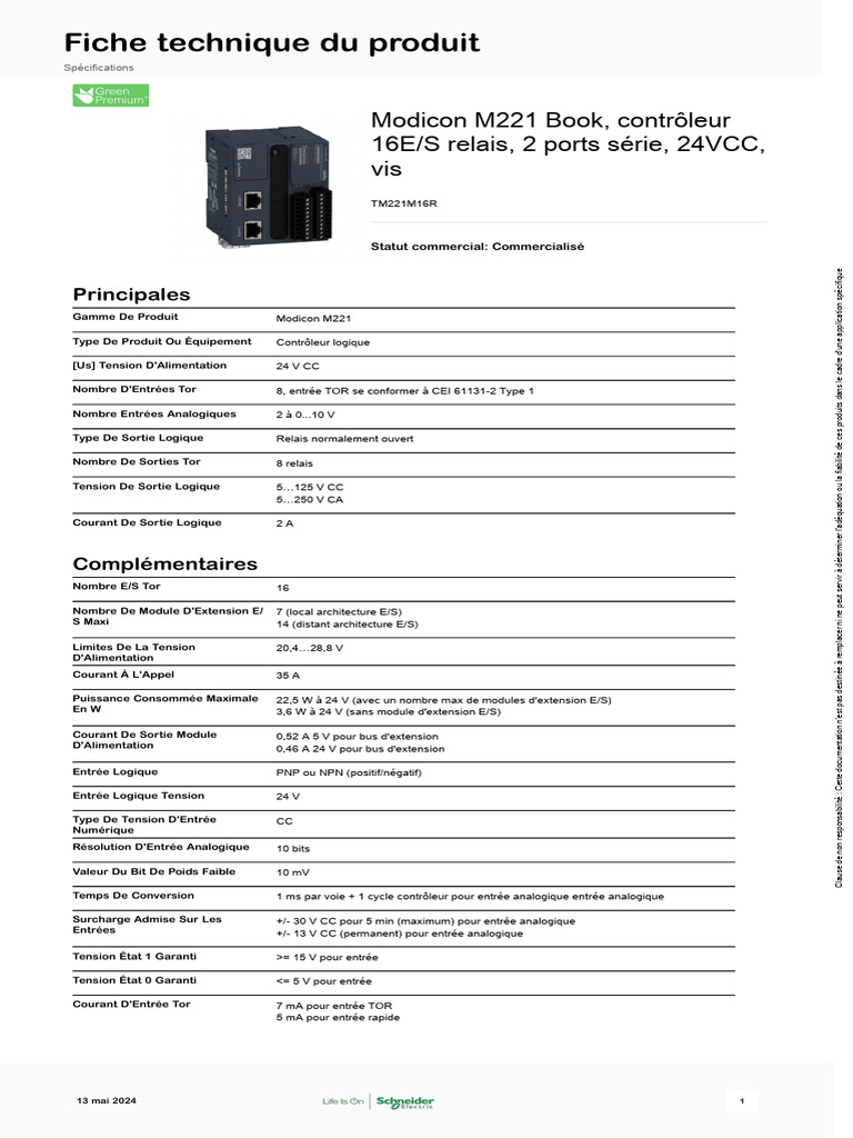 Contrôleur Modicon M221 : Spécifications Techniques | PDF | Ingénierie ...