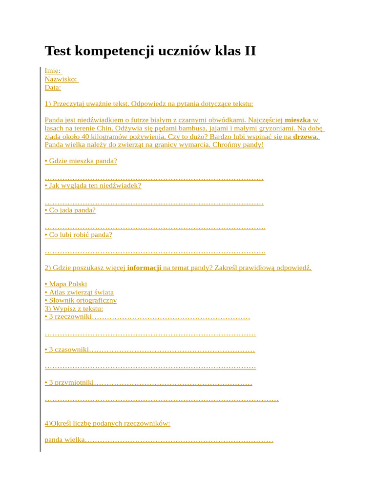 Test Kompetencji Uczniów Klas II | PDF