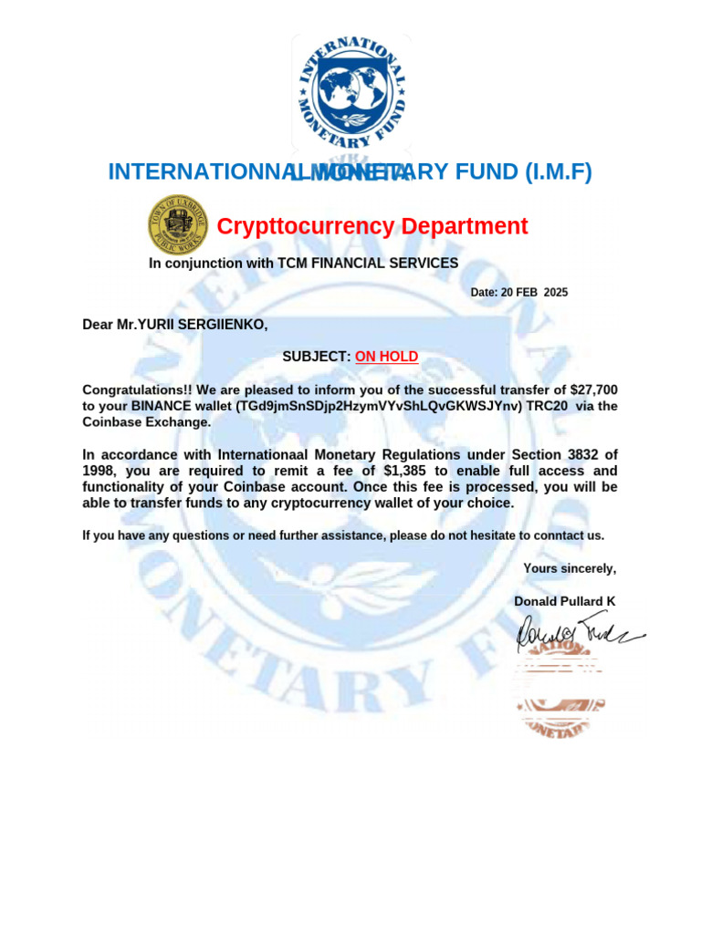 IMF Cryptocurrency Transfer Notification | PDF