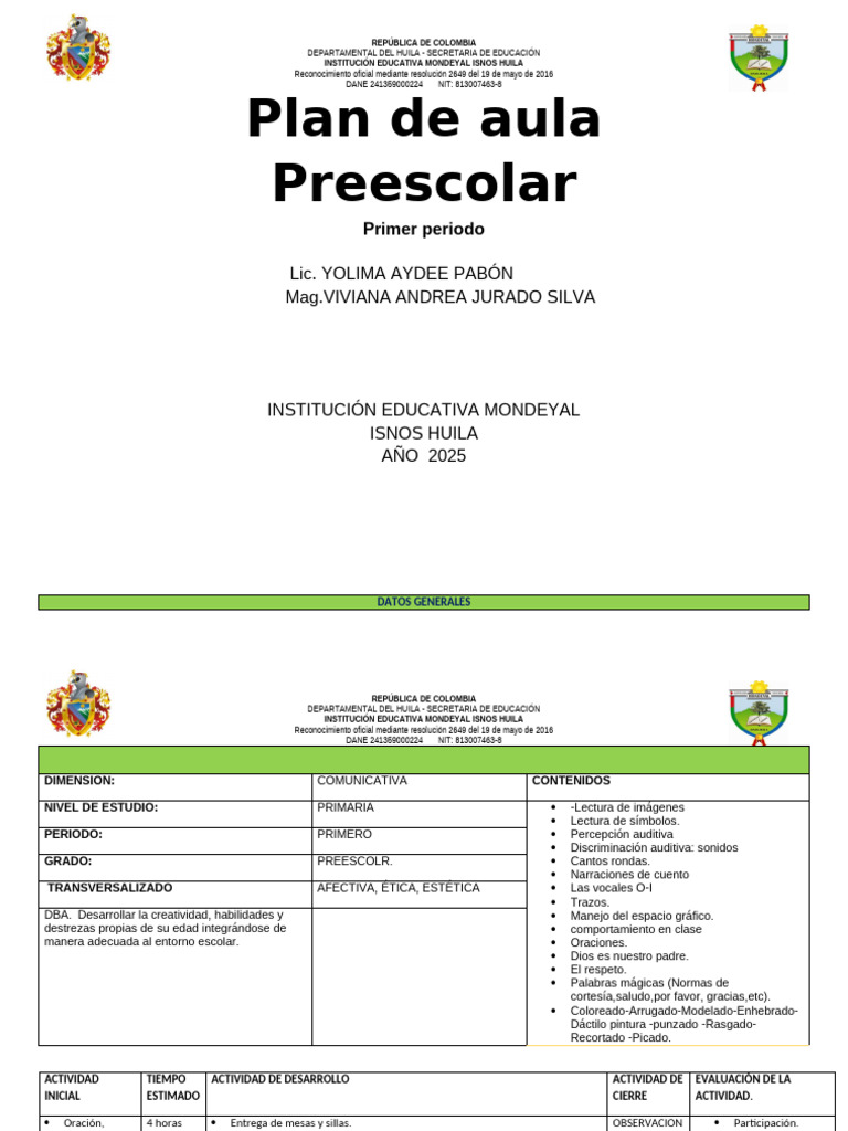 Plan de Aula Preescolar 2025 Isnos Huila | PDF | Educación de la ...