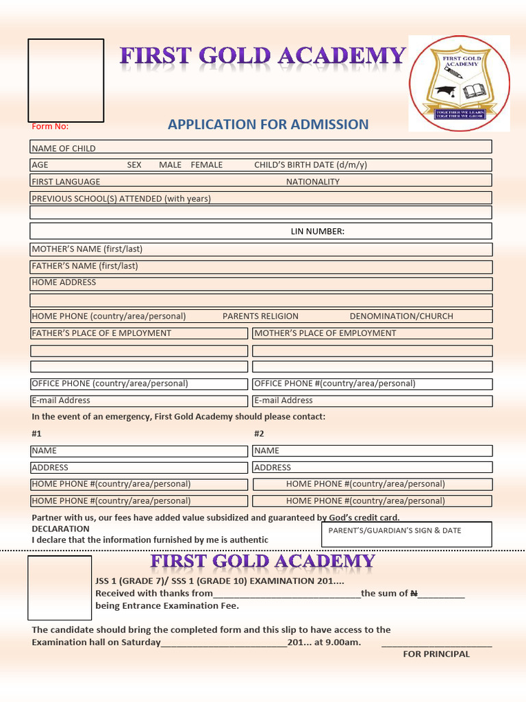 First Gold Academy Admission Form | PDF