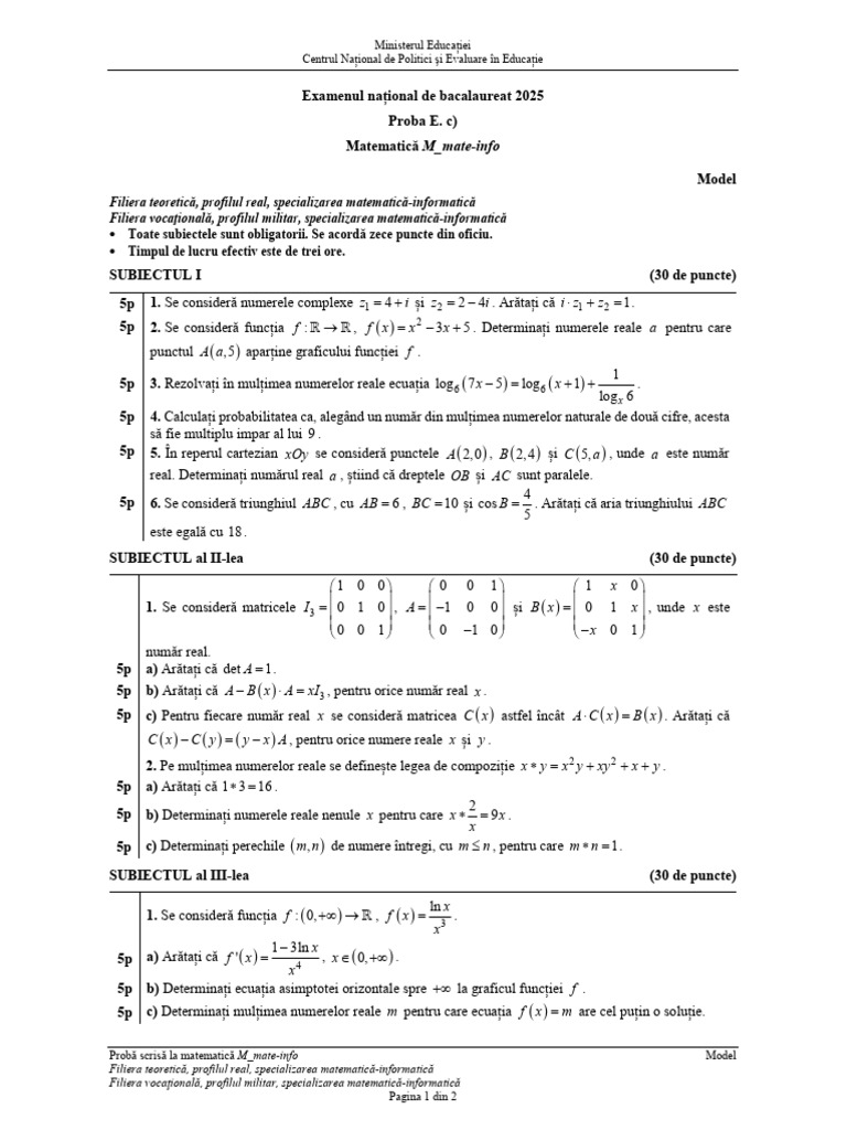 E C Matematica M Mate-Info 2025 Var Model | PDF