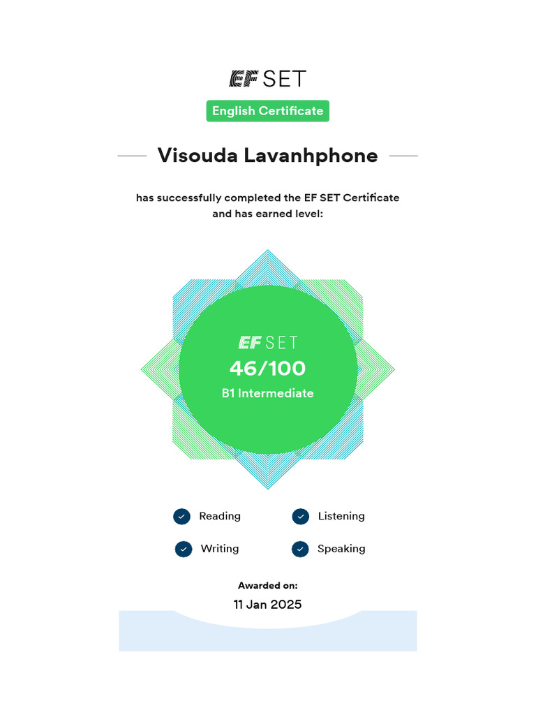 EF SET Certificate: B1 Intermediate Level | PDF | Learning | Communication