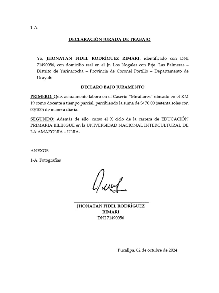Declaración Jurada de Trabajo Docente | PDF