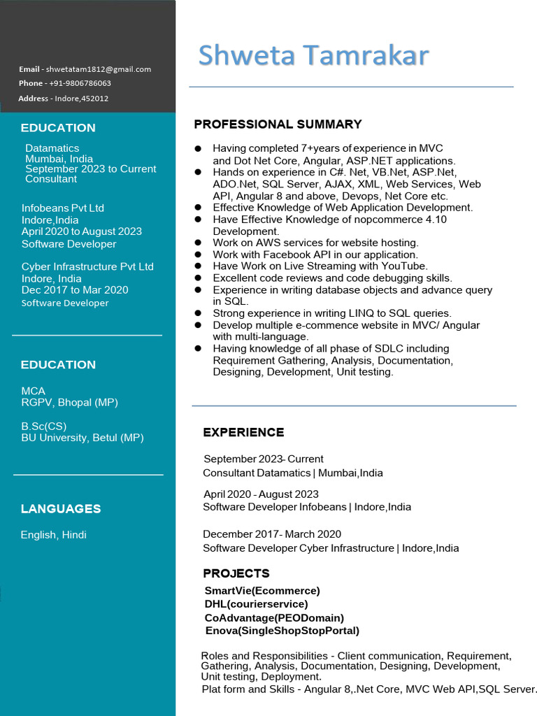 Shweta Tamrakar - Software Developer Profile | PDF | Microsoft Sql ...