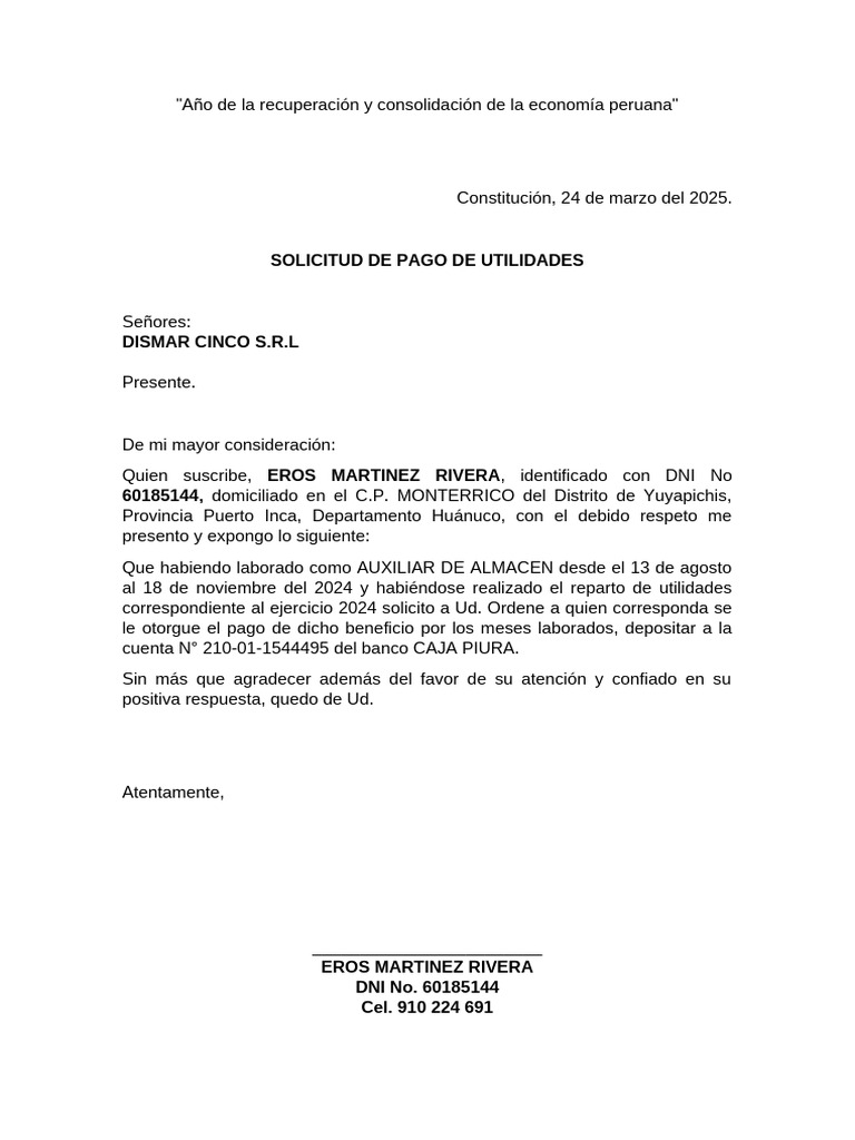 Solicitud de Pago de Utilidades | PDF