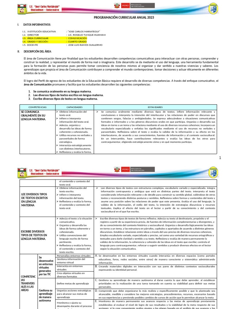 Programación Curricular Comunicación 2023 | PDF | Enseñando | Aprendizaje