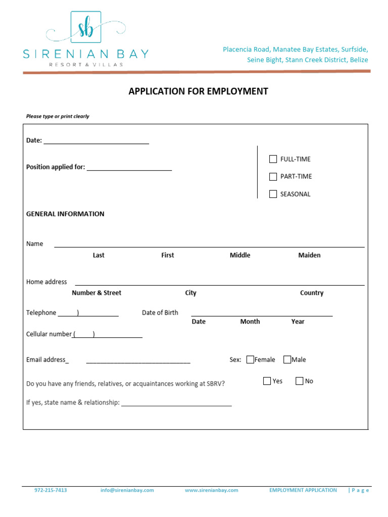 Sirenian Bay Employment Application Form | PDF