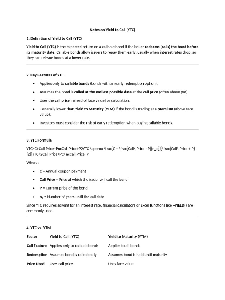 Understanding Yield to Call (YTC) in Bonds | PDF