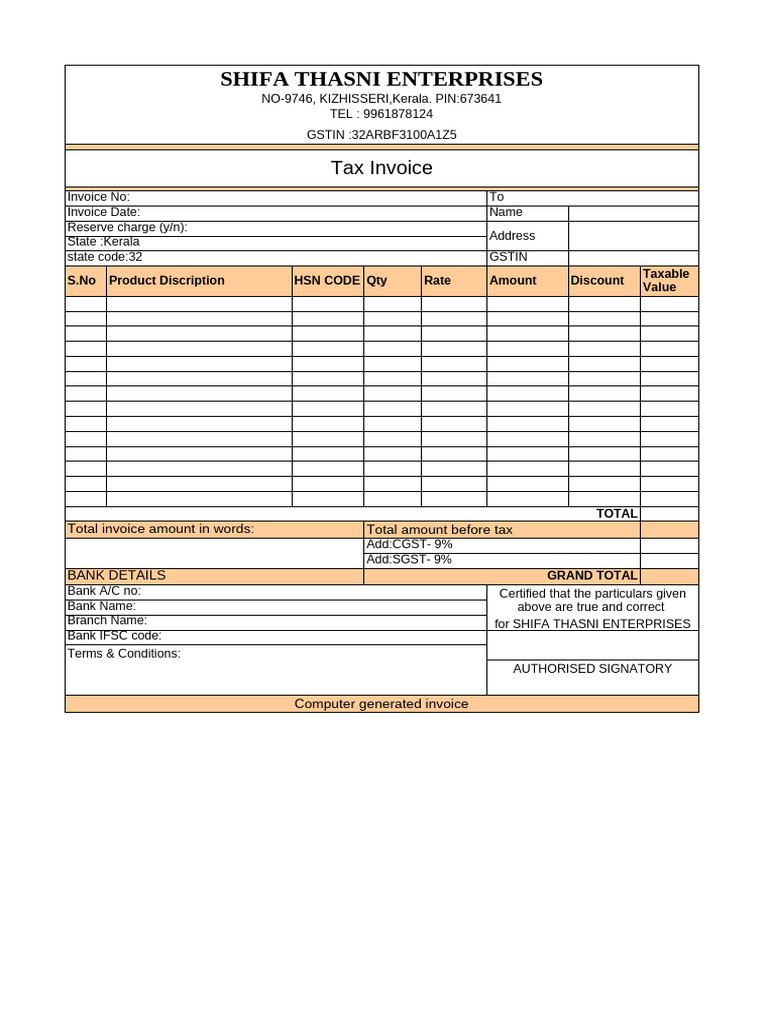 Tax Invoice for Shifa Thasni Enterprises | PDF