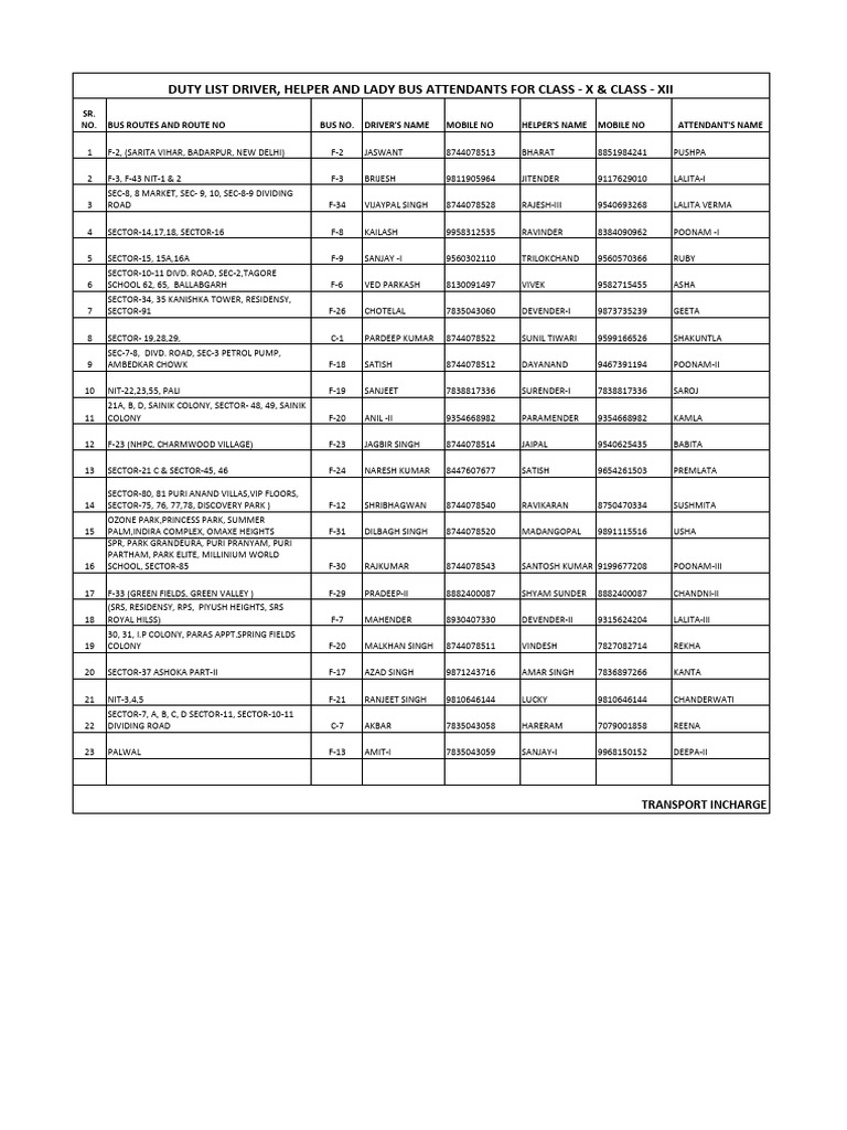 Bus Duty Roster for Class X & XII | PDF