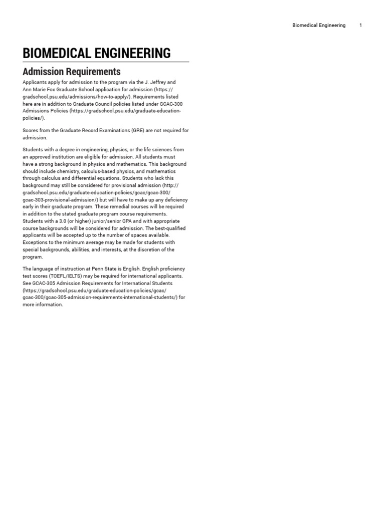 Biomedical Engineering Admission Criteria | PDF