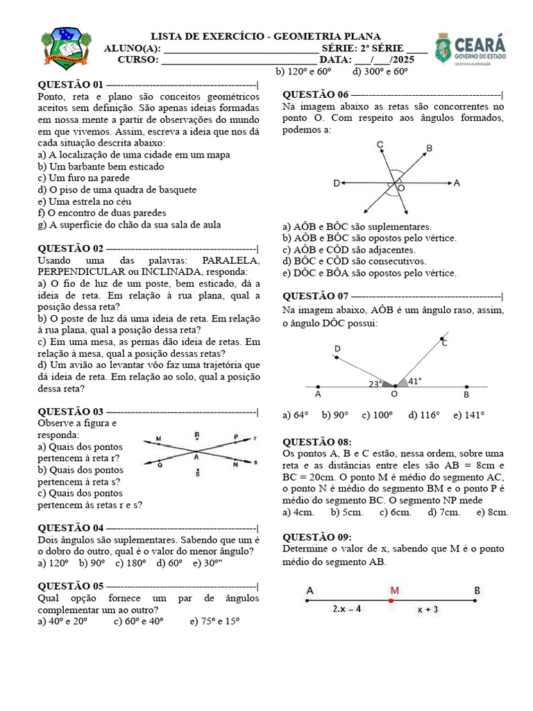 Lista de Exercícios de Geometria Plana | PDF | Linha (Geometria) | Ângulo