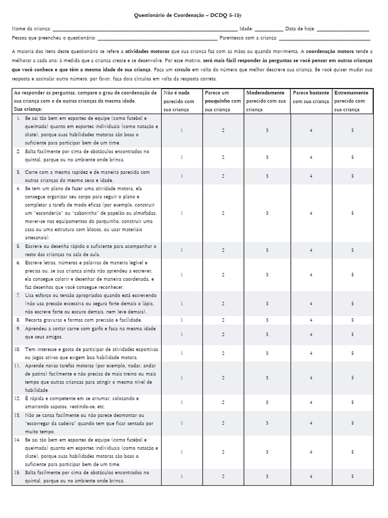 Questionário de Coordenação Motora Infantil | PDF | Coordenação motora
