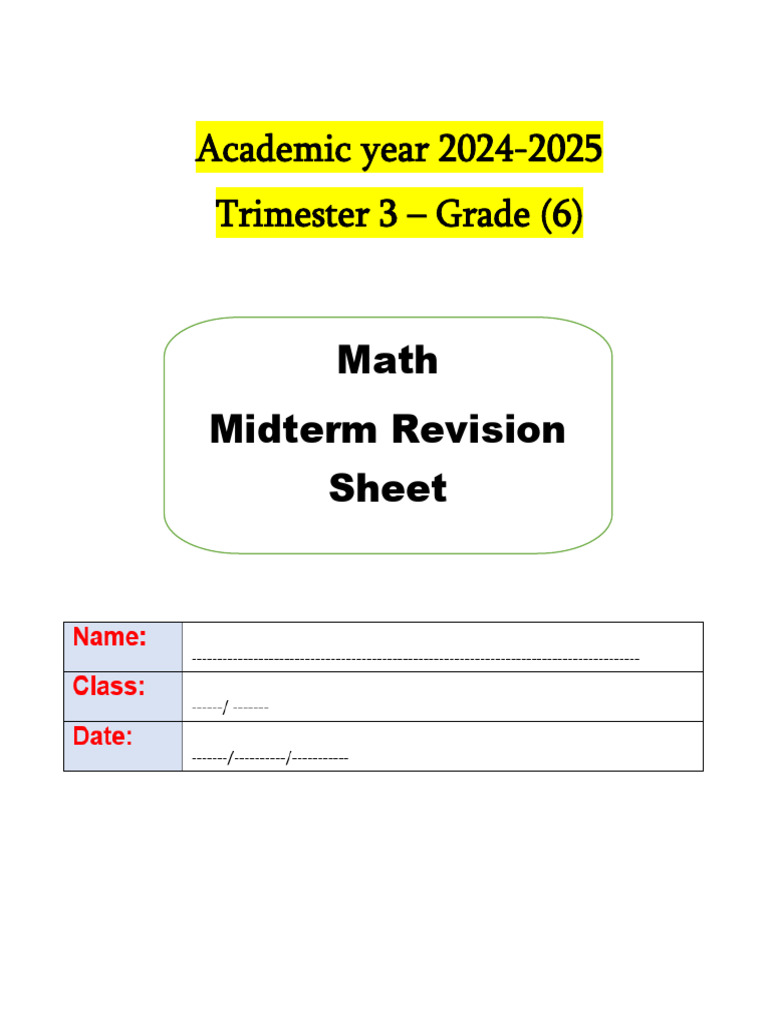 Grade 6 Math Midterm Revision Sheet | PDF