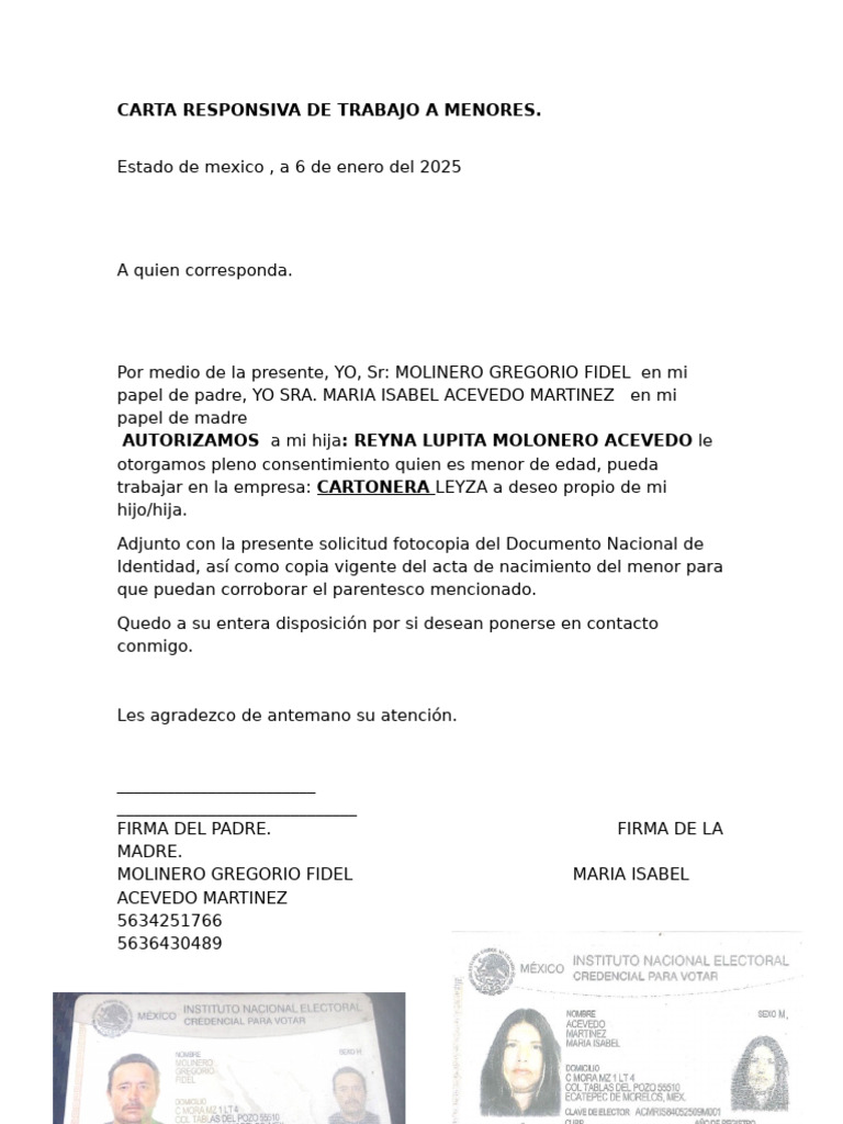 Carta Responsiva para Trabajo Menores | PDF