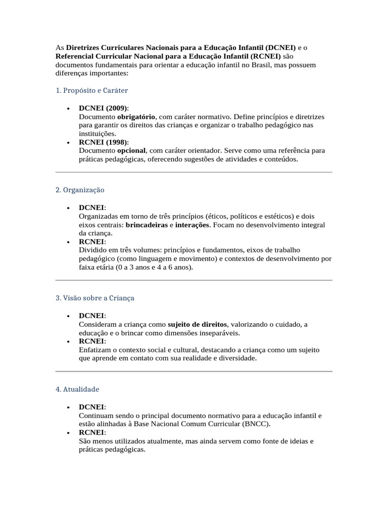 Diferenças entre DCNEI e RCNEI | PDF | Pedagogia | Pré-escola