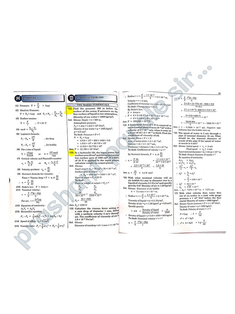Fluid Mechanics: Key Formulas & Problems | PDF | Drop (Liquid) | Pressure