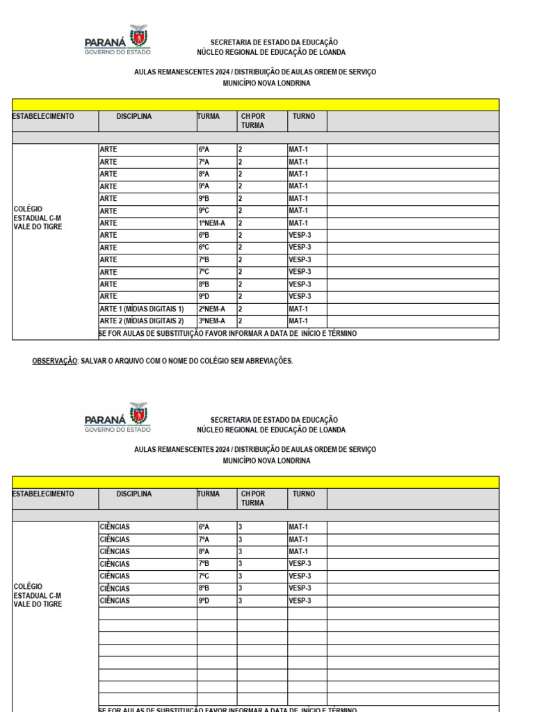 Aulas Remanescentes Distribuição PSS 2024 Nova Londrina | PDF ...