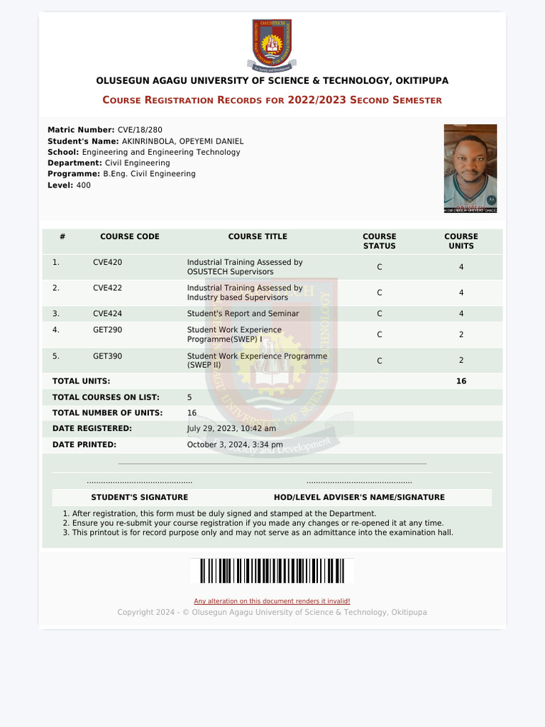 CVE-18-280 - 2022-2023 - Second Semester Course Registration Form | PDF