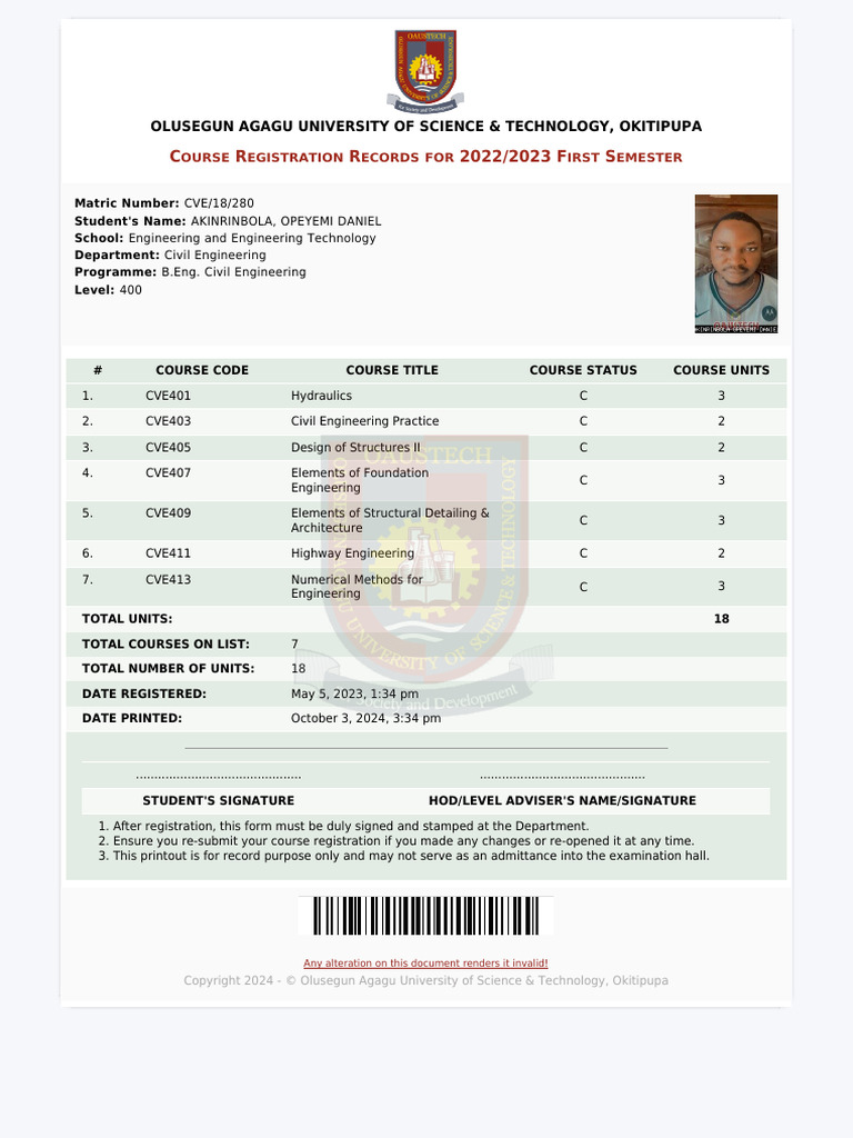 CVE-18-280 - 2022-2023 - First Semester Course Registration Form | PDF ...