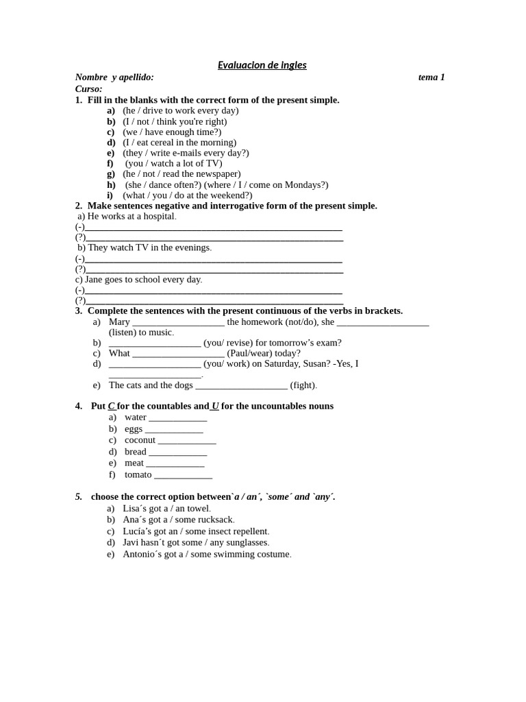 Evaluacion de Ingles 2 - Año | PDF