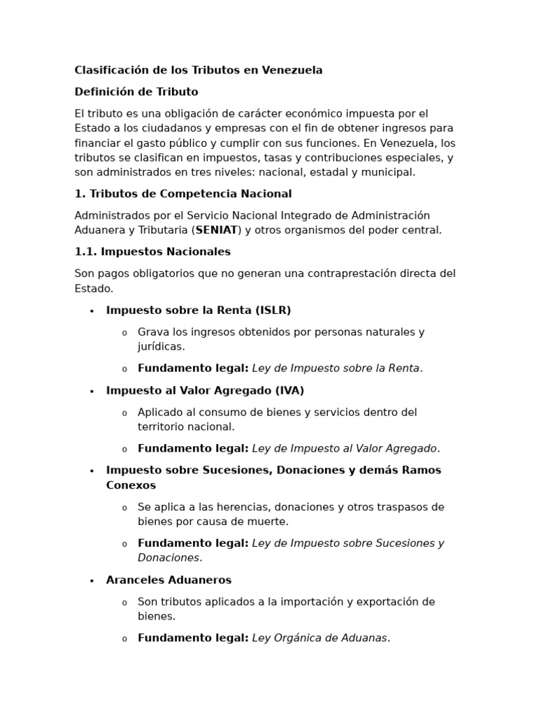 Clasificación de Tributos en Venezuela | PDF | Impuestos | aduana
