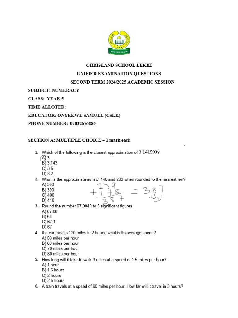 Year 5 Numeracy Exam Questions | PDF | Length | Area