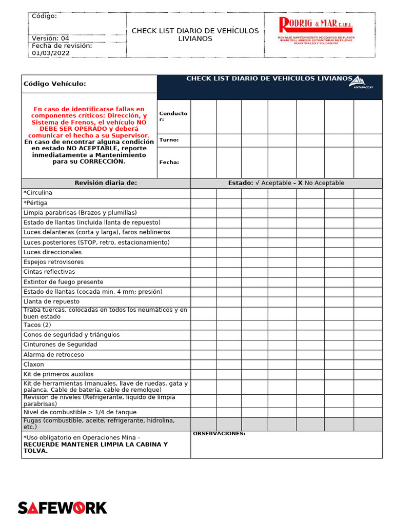 Checklist Diario Vehículos Livianos | PDF | Vehículos terrestres ...