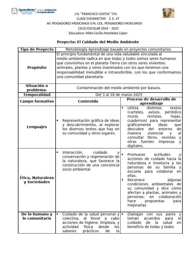 Proyecto Escolar: Cuidado del Medio Ambiente | PDF | Naturaleza ...