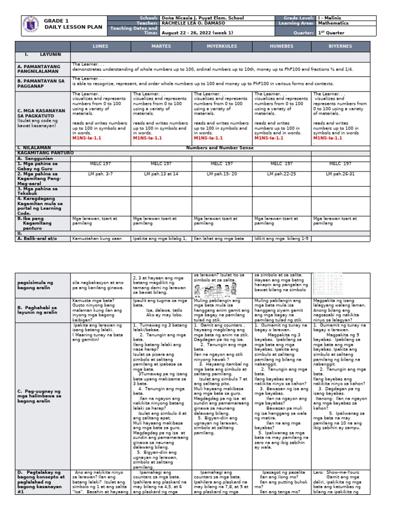 DLL Mathematics-1 Q1 W1 | PDF