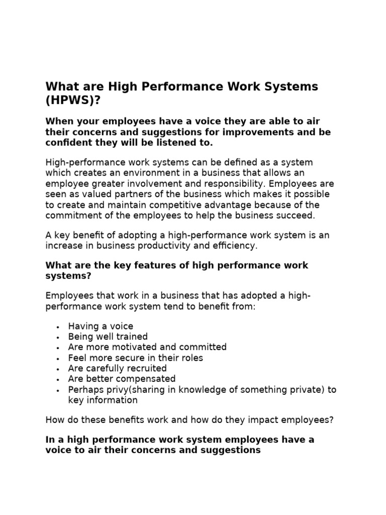 High Performance Work Systems Notes Pdf Employment Recruitment