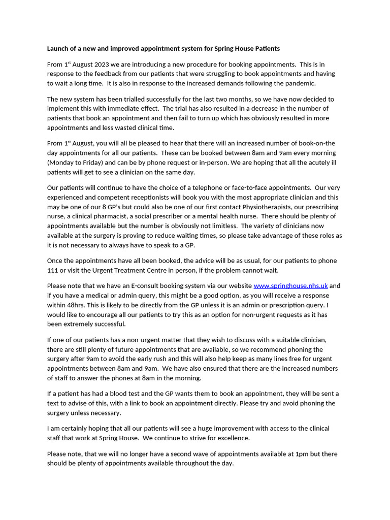 New Appointment System at Spring House | PDF | Clinical Medicine ...