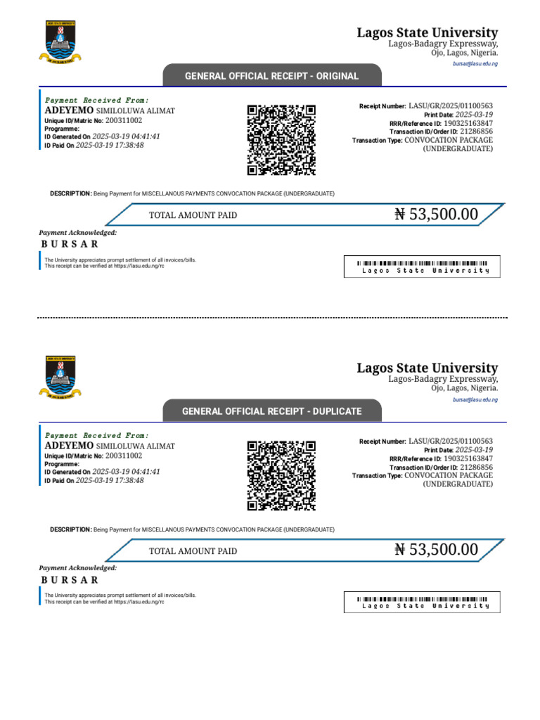 LASU Convocation Payment Receipt 2025 | PDF | Receipt | Payments