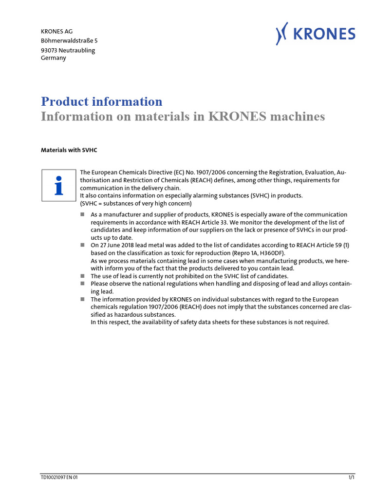 Krones Machines: SVHC Material Info | PDF