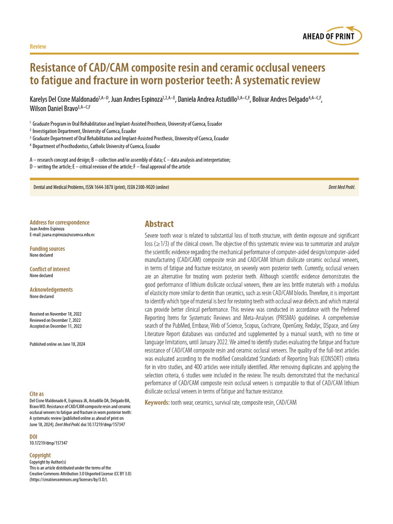 Resistance of CAD CAM Composite Resin and Ceramic Occlusal Veneers ...