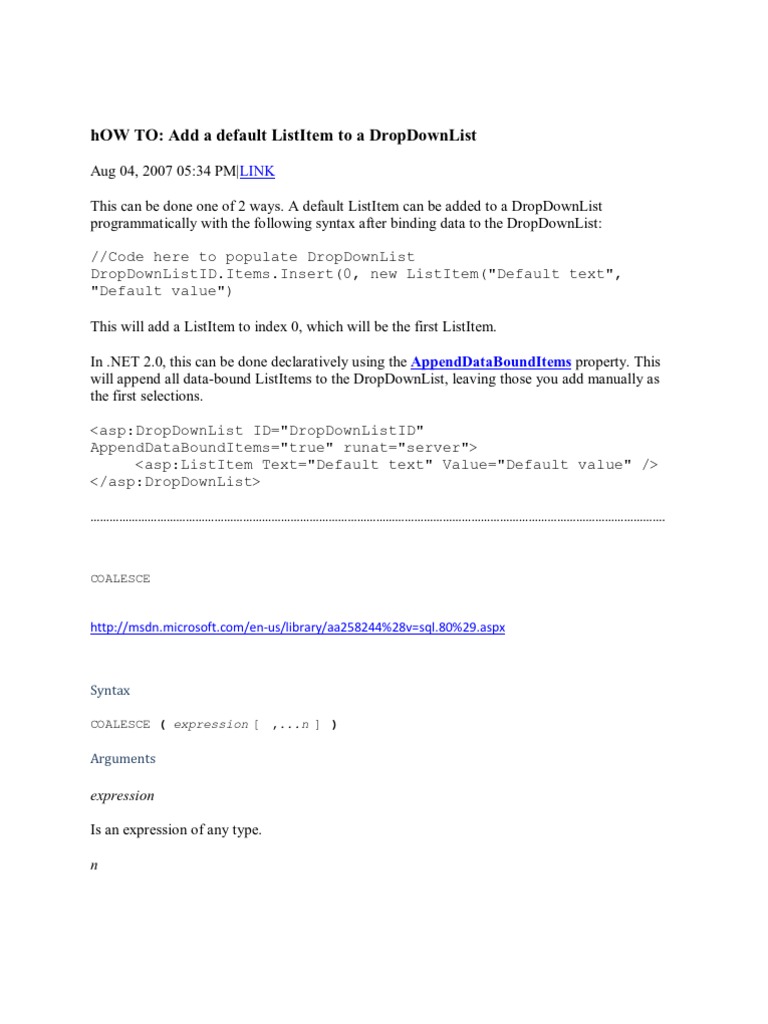 Add default listitem to dropdownlist in asp net pdf data type