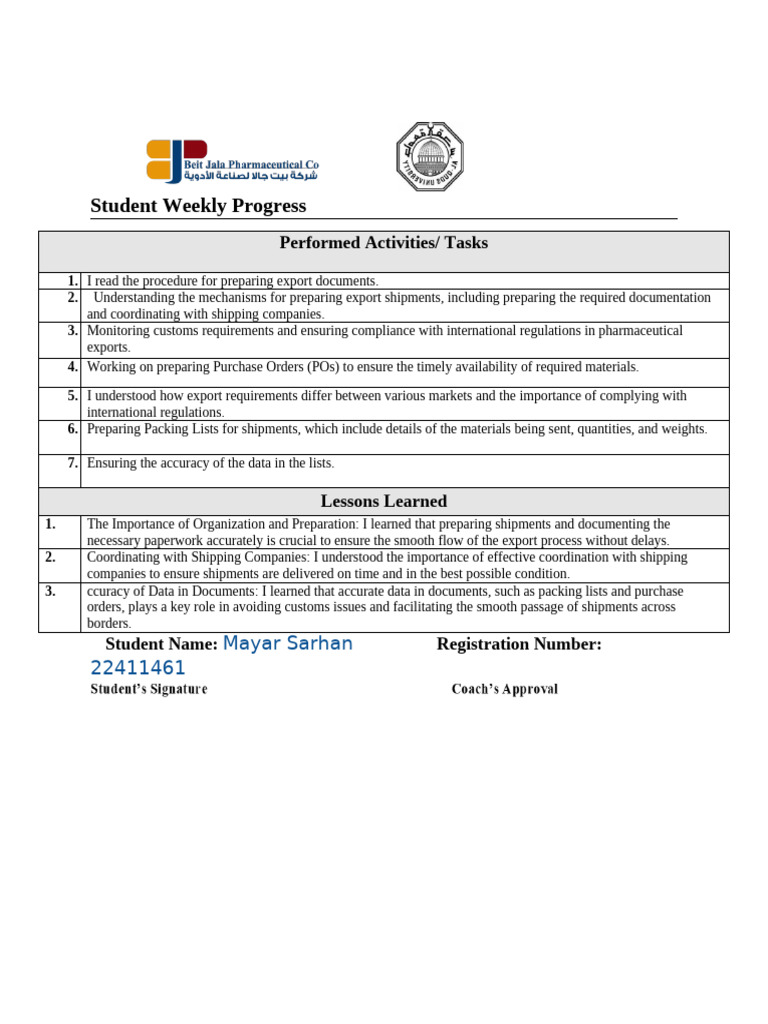 Student Weekly Export Progress Report | PDF