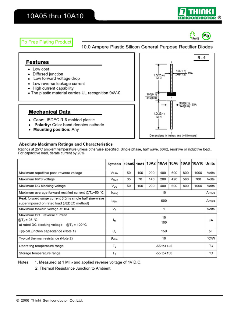 10A10 Diode Specifications and Features | PDF | Rectifier | Diode