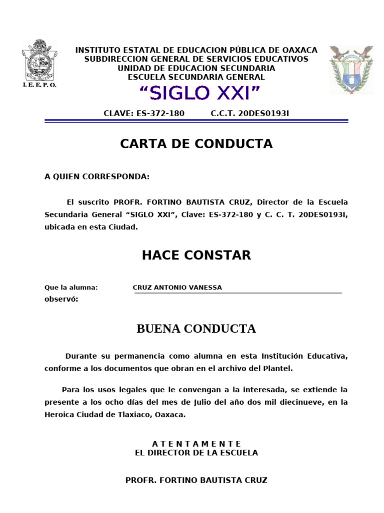 Carta de Conducta Escolar 2019 | PDF | Educación Secundaria | Escuelas