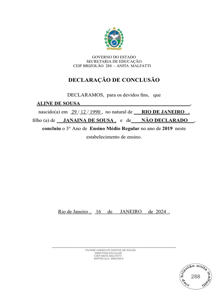 Declaração de Conclusão do Ensino Médio | PDF