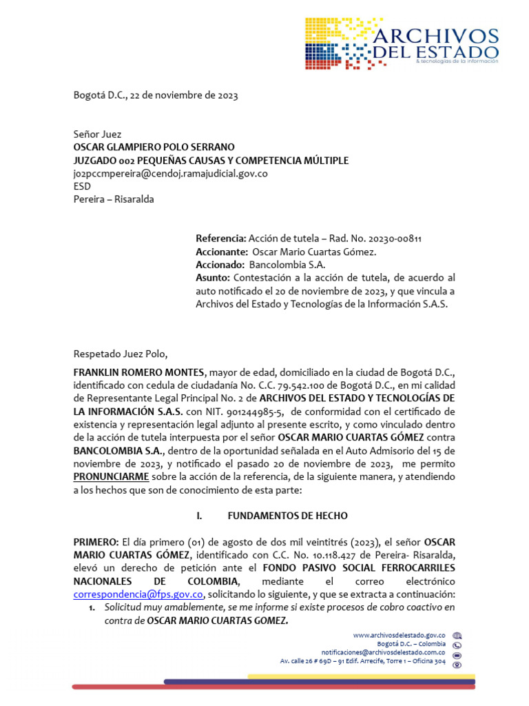Contestación A La Acción de Tutela - Rad. No. 20230-00811 | PDF ...