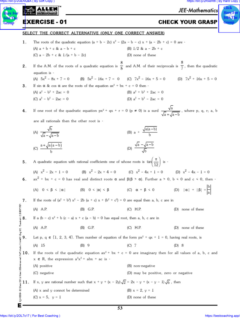 Allen Maths | PDF | Quadratic Equation | Mathematics