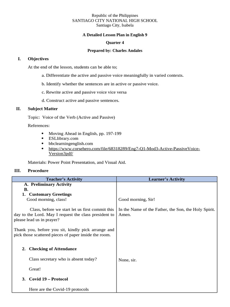 Active and Passive Voice Lesson Plan | PDF | Subject (Grammar) | Verb