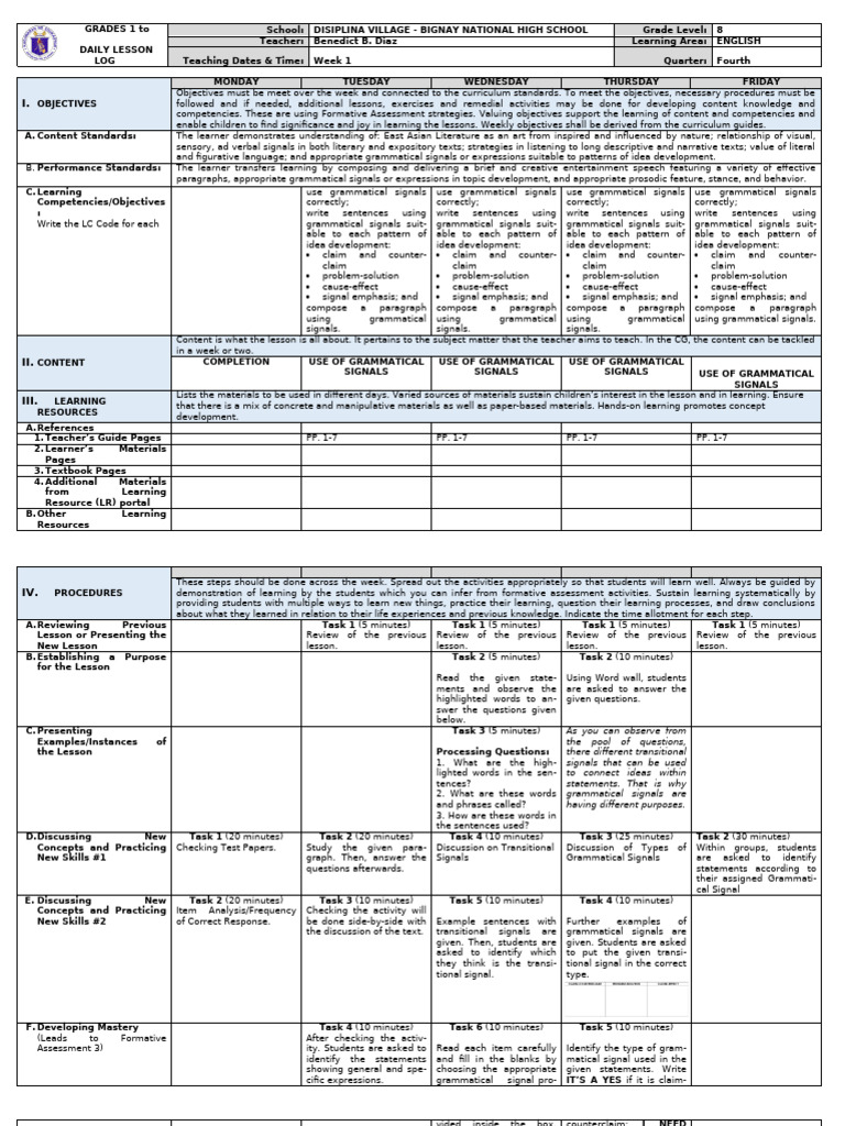 Grade 8 English Daily Lesson Plan | PDF | Learning | Question