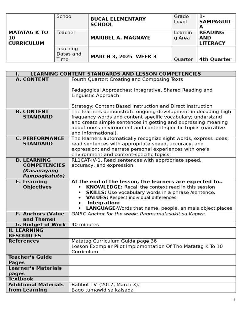 Grade 1 Reading Lesson Plan: Safety | PDF | Learning | Learning Methods