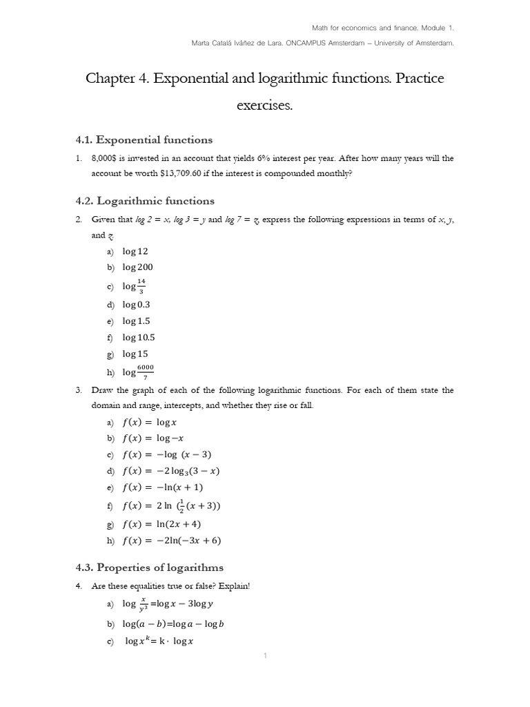 Exponential and Logarithmic Functions Exercises | PDF | Logarithm ...