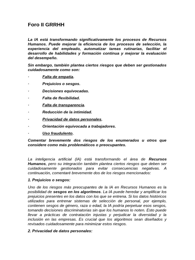 Riesgos de IA en Recursos Humanos | PDF | Inteligencia artificial ...